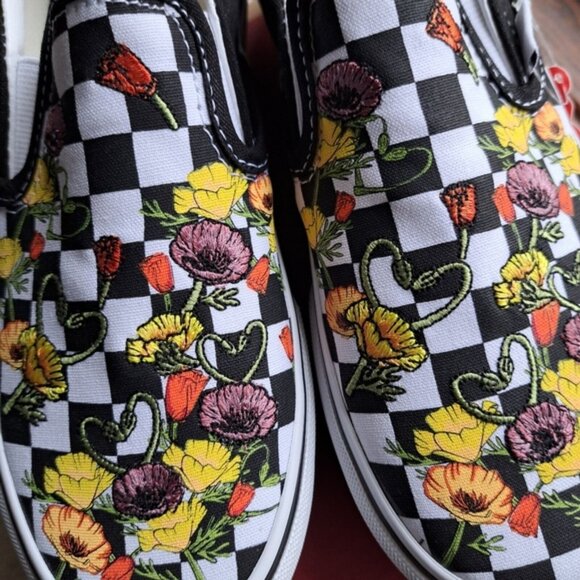 Vans Classic Slip-On Platform Women 5 Embroidered Poppy Checkerboard - Picture 4 of 7